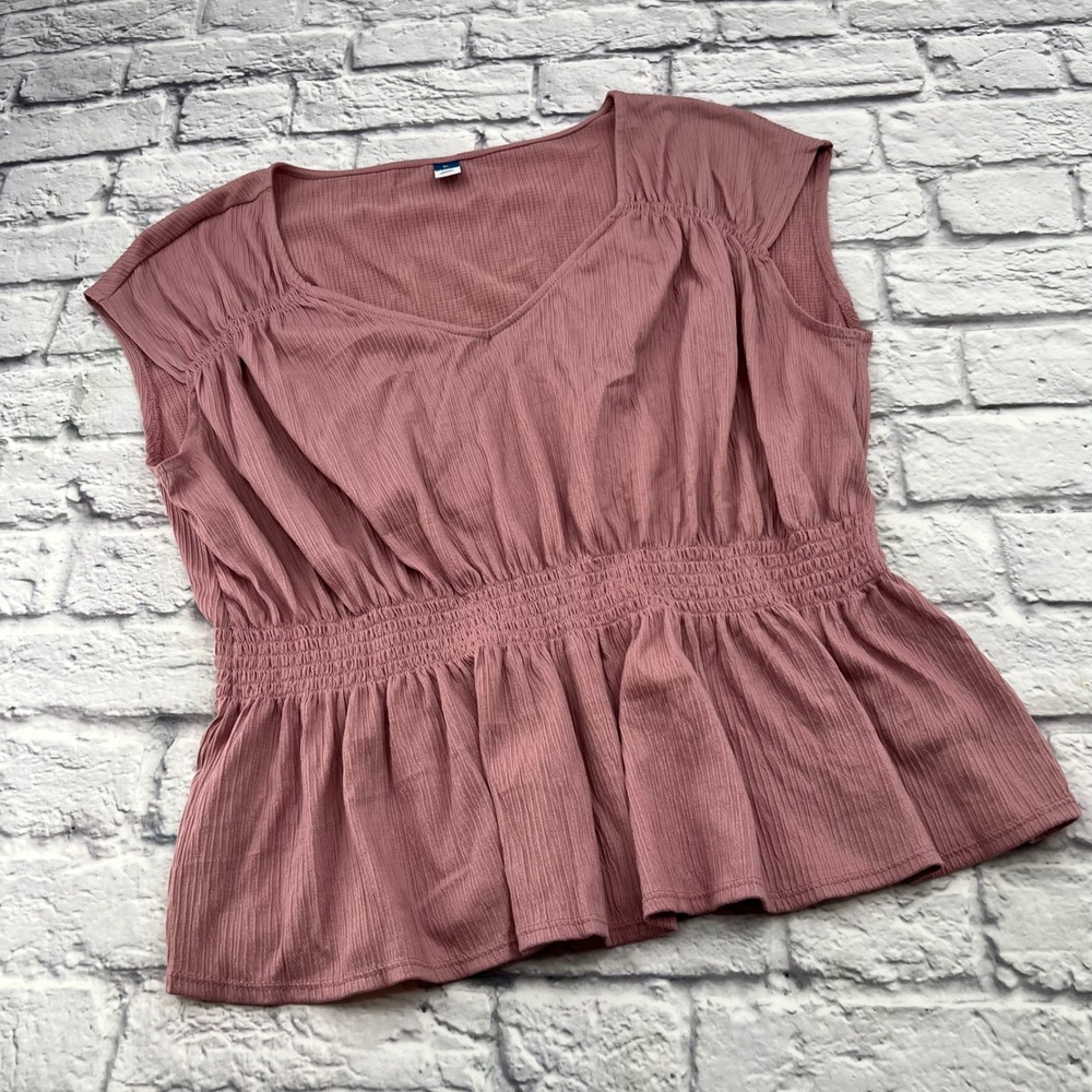 Old Navy Womens XL Pink Crinkle Peplum Top Cap Sleeve V-Neck Blouse Anise 856306
